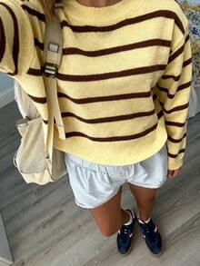 Jersey casual de manga larga, cuello redondo y hombros caídos, corte holgado para mujer HoloChill, nueva llegada 2026, apto para otoño/verano - Amarillo - Ver 2