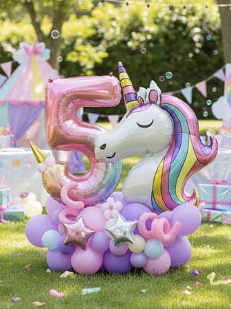 35pcs/Set Unicorn Theme Birthday Party Decorations, Including 32-Inch Gradient Number 0-9 Balloons, Giant Unicorn Shaped Balloon, 10-Inch Pink And Light Blue Star Balloons, 10-Inch Macaron Purple And Macaron Pink Latex Balloons, Suitable For Babyshower, Unicorn And Rainbow Theme Parties, Party Decorations