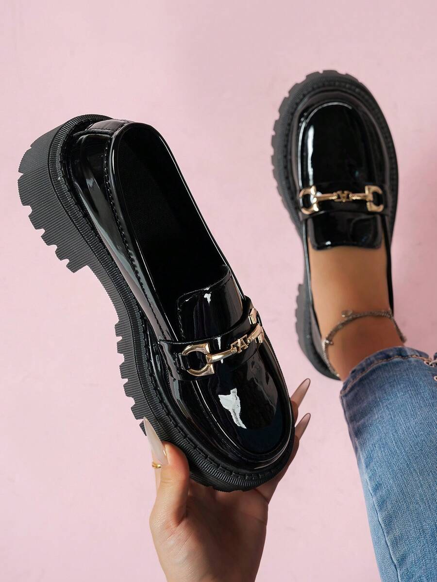 女士多功能休闲蝴蝶结装饰乐福鞋平底，镜面材质，复古优雅英伦风，舒适柔软牛津鞋，黑色、白色、棕色光泽，2025年春夏秋冬新款 - 黑色 - 查看 1