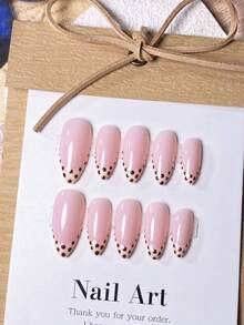 10片手工制作杏仁形裸色、米色、焦糖棕色波点极简时尚假指甲美甲用品手工按压式指甲 - 彩色 - 查看 2