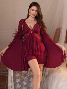 3pcs Set Women Sleepwear With Padded Bra Top, Lace Trim Loose Stretchy Semi-Sheer Camisole Top, Shorts And Lace Long Sleeve Robe, Suitable For Casual And Loungewear, Christmas, Winter Clothes