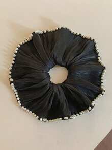 1 pieza Scrunchie de perlas de unicolor negro/beige de alta calidad de 18 cm/7.08 pulgadas (esta es la longitud máxima del área desplegada), estilo elegante y retro de palacio, adecuado para decoración diaria, coleta, maquillaje, baño, viajes, escuela, fiesta, vacaciones y regalo para mujeres