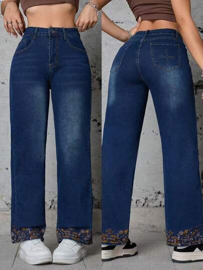 Women's Casual Embroidered Washed Elastic Straight Leg Jeans, All Season