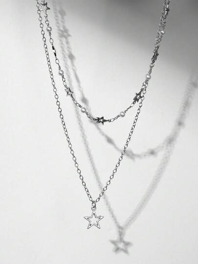 1入組銀金屬手工鏈條帶太陽和月亮吊墜多層項鍊