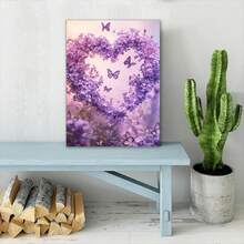 1PC 2D The Purple Flowers Are Heart-Shaped And Butterfly Wall Art Canvas Printed Materials, Wall Decoration Posters, Unique Creative Wall Art Decorations, Bathrooms, Living Rooms, Bedrooms, Offices, Dining Rooms, Artworks, Perfect Gifts And Decorations, 2D Flat Surface, Ideal Choice For Giving Gifts During Christmas, New Year And Other Festivals, Very Suitable For Room Decoration - 紫色 - 查看 3
