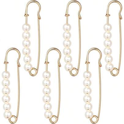 Decorative Safety Pins Clothing, 6 Pcs Metal Pearl Pins Shirts, Clothes Tighten, Women 2.95 Inch, Gold