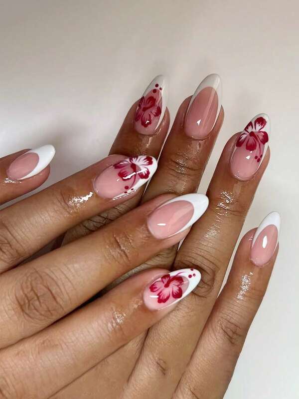 24pcs Glossy Water Drop Nail Tips, French Manicure, White & Burgundy Floral Design, Medium Size, For Autumn/Winter