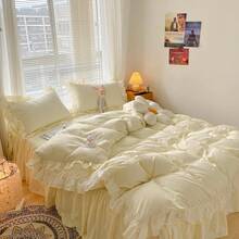 Chic Ruffle Lace Polyester Duvet Cover Set - Girl White Bedding - 2 Piece Twin Comforter Duvet Cover With Zipper Closure - Ultra Soft And Lightweight (White, Twin) - NO Comforter Included - 淡黃色 - 查看 11