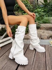 秋冬新款女鞋，时尚圆头厚底过膝长靴，褶皱粗跟黑色/棕色/白色/米色宽松长靴，休闲翻边机车靴，舒适百搭西部牛仔靴，派对靴 - 白色 - 查看 5