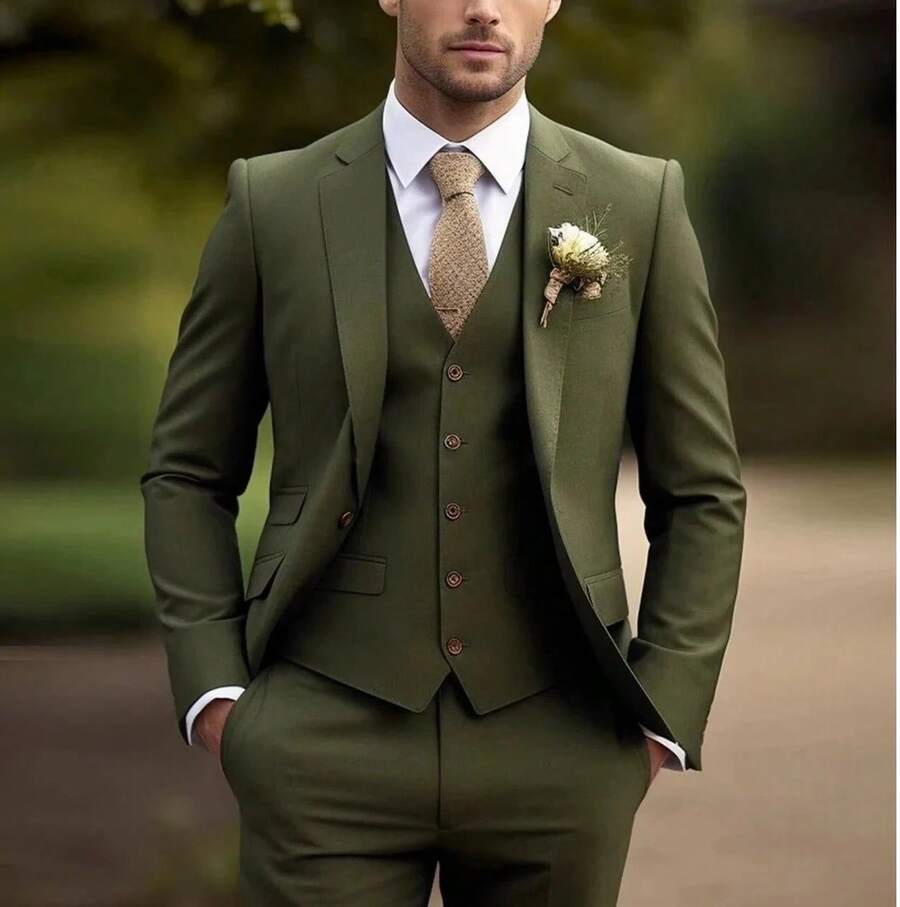 Men's Suit Set - New Arrival Business Casual Elegance Banquet Host Slim-Fit Light Luxury Suit - Bộ đồ xanh lá cây + áo vest + quần dài - Xem 1