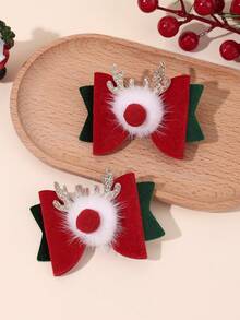 2 Stücke Weihnachts-Haarschleife für Mädchen, Weihnachts-Rentier-Bögen Haarspangen, vintage Samt-Bögen Haarspangen, rote Bögen Rentier Haarstyling-Clips mit flauschiger Ball Dekoration, Neujahrsgeschenk, Feiertags-Party Barrettes, Kinder Baby Haaraccessoires