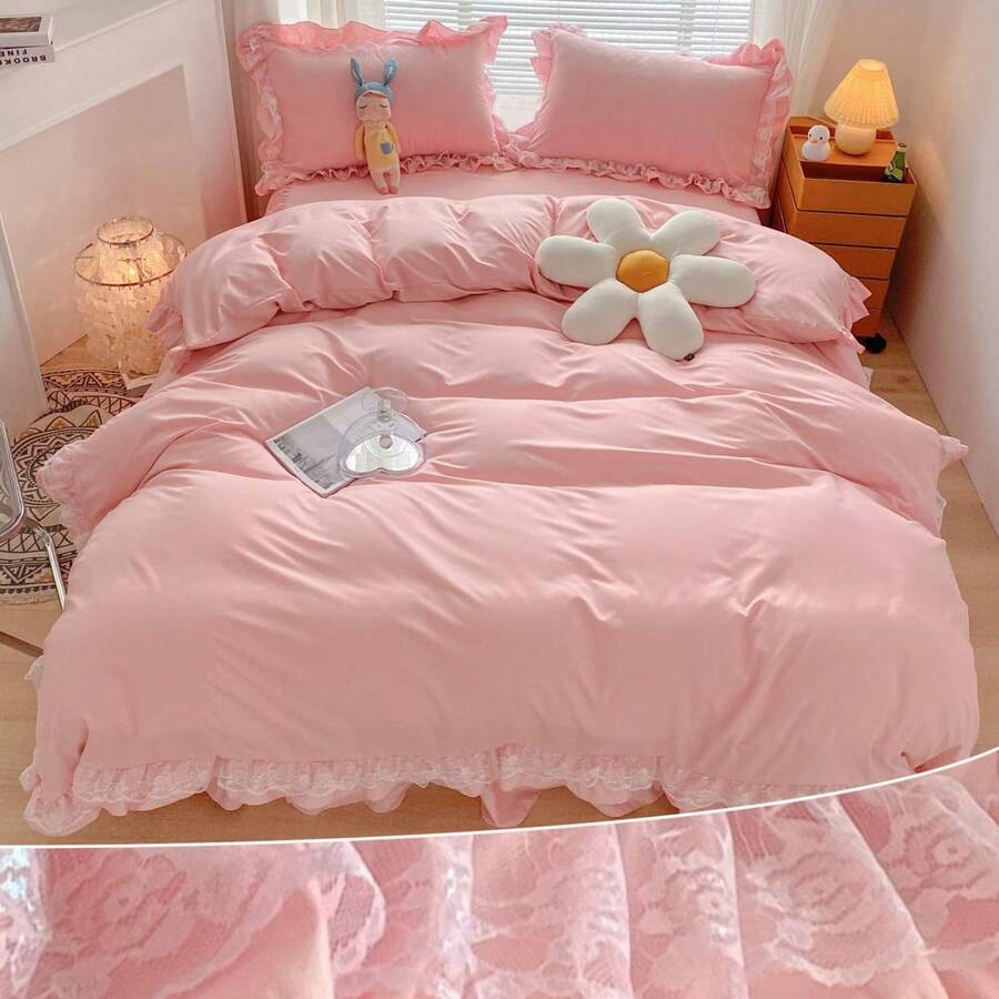 Chic Ruffle Lace Polyester Duvet Cover Set - Girl White Bedding - 2 Piece Twin Comforter Duvet Cover With Zipper Closure - Ultra Soft And Lightweight (White, Twin) - NO Comforter Included - Hồng - Xem 1