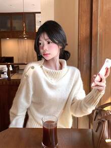 优雅舒适高领保暖毛衣上衣 - 米色 - 查看 3