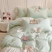 Aesthetic Girls Twin Comforter Cover Set, Romantic French Princess Style Ruffled Duvet Cover With Lovely Bow And Zipper Closure - Pink, Twin Size - Green - View 6