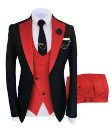Men's Suit Set Men's Business Formal Wear Wedding Attire Slim-Fit Suit Vest And Pants Set Three-Piece Suit - 大紅 - 查看 6