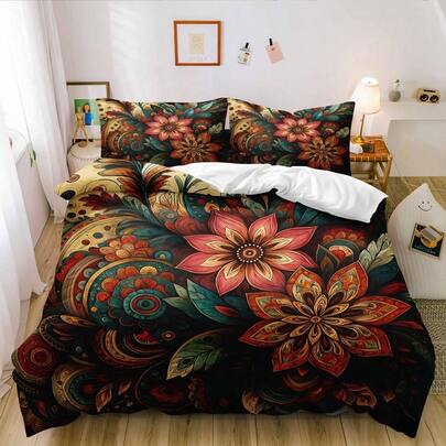 Conjunto de capa de edredom floral vintage rosa vermelho com impressão 3D, 2/3 peças, tema botânico art déco, conjunto de capa de edredom de microfibra, conjunto de cama ornamentado para decoração elegante e ocasiões especiais (tamanho 135 x 200, apenas 1 fronha)