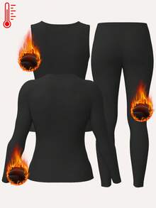 3 件套女士保暖内衣套装 - 背心、长袖上衣、紧身裤、秋冬滑雪运动装 - 黑色 - 查看 2
