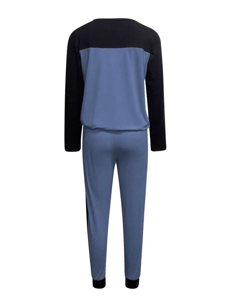2pcs Casual Patchwork Contrast Color Long Sleeve Round Neck T-Shirt And Pants Set Spring Elegant - Dusty Blue - View 2