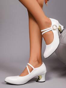 Geeyea A Pair Of Women's High Heels, White Patent Leather Double-Strap Pearl Buckle Thick-Heeled Mary Jane Shoes, Retro French Style, Elegant And Versatile Women's Shoes For Dating Weddings And Parties - 白色 - 查看 2
