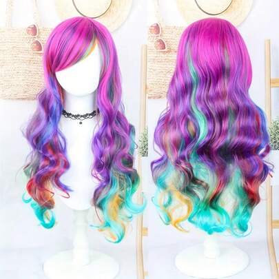 70cm Long Curly Synthetic Wig With Bangs - Blue, White And Red Color Options, Wide Wavy Style, Suitable For Cosplay, Halloween And Party Wear, Women Costume Party, Halloween Wig, Party Accessory, Vibrant Hair Decor