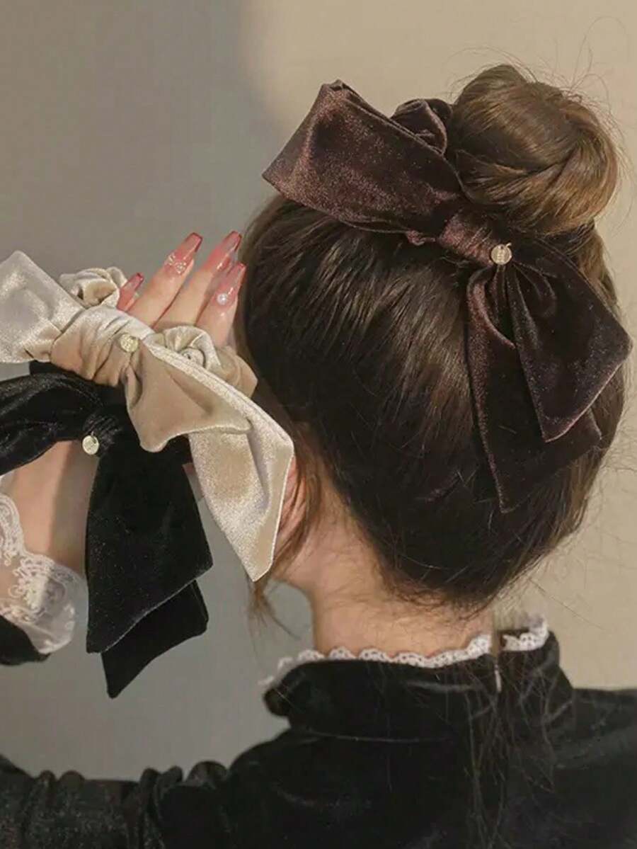 3pcs Retro Velvet Bow Hair Tie, Creating An Elegant And Relaxed French-Style Low Hairstyle ,Makeup ,Ponytail Holders ,Hair Elastics ,Hair Rubber Bands ,Scrunchies ,Hair Rope Head Accessories
