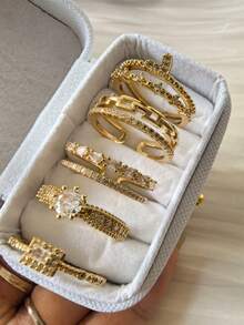 5pcs Minimalist Luxury Fashion Elegant Unique Personalized French Classic Daily Party Copper Micro-Inlaid Cubic Zirconia Versatile Women's Ring Set (No Gift Box)