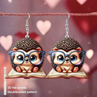 1 Pair 2D Cute Cartoon Glasses Hedgehog Earrings, Suitable For Women's Daily Wear, Perfect Gift