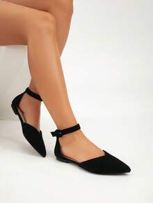 Women's New Simple Black Flat Shoes, Versatile For Commuting, Office, Workplace, Home, Closed Toe, Buckle Closure, Low Heel, Pointed Toe Flats, Black Sandals, All Season - Black - View 5
