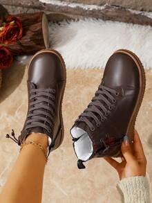 Warm & Stylish Snow Boots, Women's Brown & Blue Leather Short Boots With Side Zipper, Bow Detail And Soft White Lining, Thick Sole Winter Combat Boots