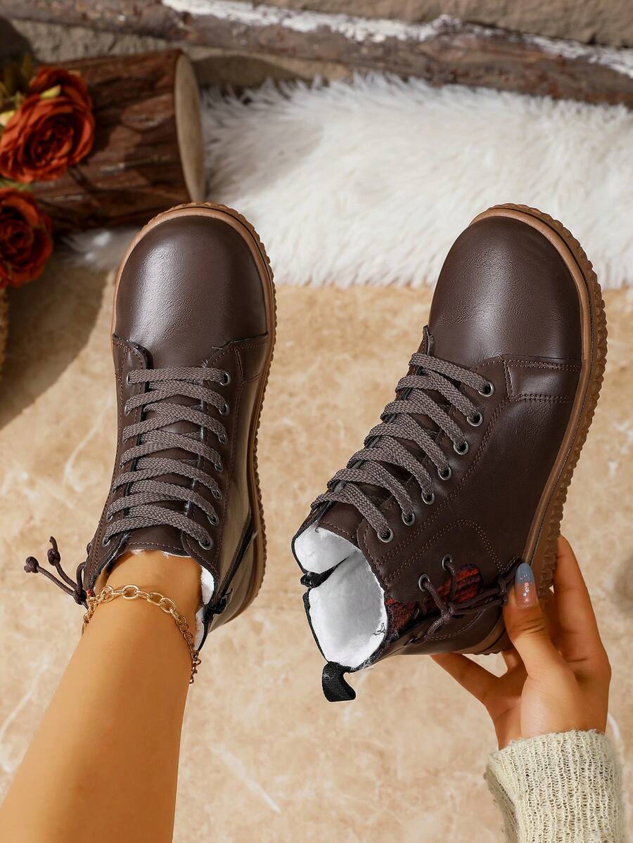 Warm & Stylish Snow Boots, Women's Brown & Blue Leather Short Boots With Side Zipper, Bow Detail And Soft White Lining, Thick Sole Winter Combat Boots