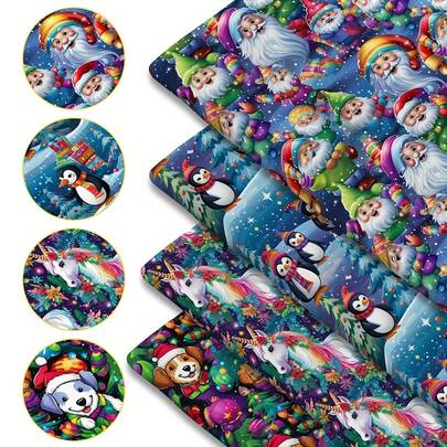 1pc Christmas Quilting Fabric - 59 X 19.68 Inches (150 X 50 Cm) Pre-Cut Polyester Fabric With Colorful Santa Claus, Penguins, Unicorns, Dogs, Christmas Tree Patterns - Suitable For DIY Sewing, Scrapbooking, Tablecloths And Crafts