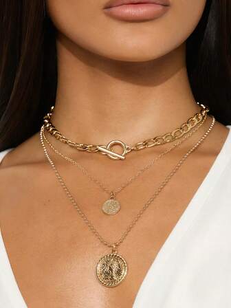 1 套 3 件奢华海盗项链，多层厚海盗服装珠宝，嘻哈 80 年代 90 年代硬币吊坠项链，适合万圣节海盗服装配饰，多层链项链，带 OT 扣和肖像吊坠 - 女士朋克风格多层珠宝，适合休闲装、母亲节礼物、情人节礼物、圣诞礼物、吊坠项链、女士多层项链