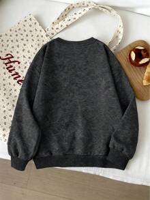 Tween Girls Rose Skull Pattern Round Neck Long Sleeve Sweatshirt, Casual Pullover, Suitable For Daily Wear - Black - View 3