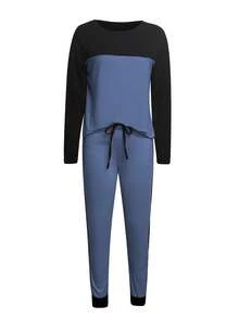 2pcs Casual Patchwork Contrast Color Long Sleeve Round Neck T-Shirt And Pants Set Spring Elegant - Dusty Blue - View 3