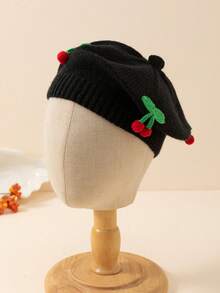1 pieza Gorro de boina tejido con diseño de cereza lindo para niños, adecuado para usar en otoño/invierno para mantener el calor y para uso diario - A - Ver 15