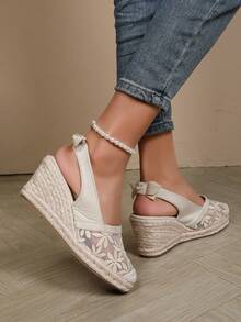 Women's Breathable Bowknot Elastic Net Straw Rope Fashionable Casual Wedge Shoes - Beige - View 2