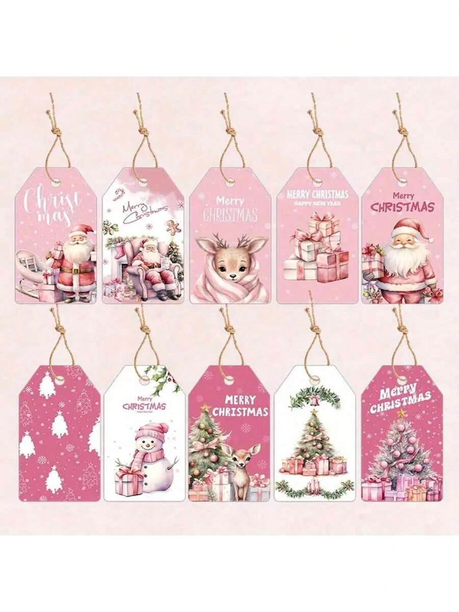 48/12pcs Pink Christmas Hanging Tags With Jute Rope, Santa Claus & Deer Design, Wooden Labels For Christmas Party, DIY Gift Wrapping, Holiday Decor, No Feather, No Power Required - متعدد الألوان - مشاهدة 1