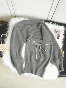 2pcs Sexy & Alluring Grey Cropped Camisole Top & Faux Fur Long Sleeve Sweater Shawl Set, Suitable For Dates, Commuting, Christmas, New Year