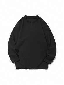 男士黑色纹理长袖T恤，竖条纹面料，简约V领，宽松版型，适合日常穿着，复古风格 - 黑色 - 查看 5