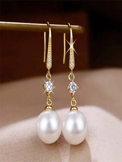 1 paire de boucles d'oreilles à perles de fantaisie pour femmes, boucles d'oreilles polyvalentes ton or, crochets et pendentifs élégants, convenant pour les mariages et diverses occasions, design affinant