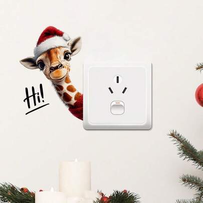Pegatinas de interruptor de luz de jirafa de Navidad - Diseño festivo de gorro de Papá Noel, calcomanías de pared de plástico autoadhesivas para dormitorio y sala de estar, decoración navideña divertida, regalo de Navidad perfecto, decoración navideña de jirafa, decoración de sala de estar, diseño juguetón, fácil aplicación, decoraciones navideñas, lo mejor para Navidad, perfecto para la decoración de Acción de Gracias