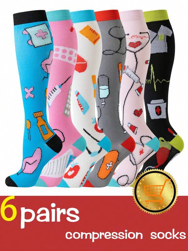 6 أزواج من جوارب الضغط للممرضات للنساء والرجال، جوارب ضغط طبية منفذة للهواء عالية الركبة للممرضات، جوارب ضغط للنساء للرياضة والأطباء والممرضات للجري والدراجة والتنزه، جوارب ضغط للممرضات بطبعات زهور