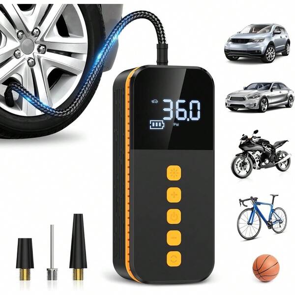 Tire Inflator, Portable Car Air Compressor, Rechargeable Air Pump. Tire Pump With Digital Pressure Gauge And LED Light, Equipped With 2*1500mAh Lithium-Ion Batteries. Suitable For Cars, Motorcycles, Bicycles, Sports Balls. Car Accessories/Gift.