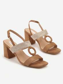 Sandálias de Salto com Trança e Decoração Redonda - Camelo - Ver 5