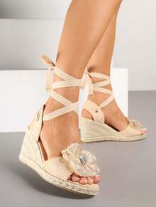 Espadrilles compensées à fleurs 3D pour femmes - Été/Plage, Casual - Beige - Voir 1
