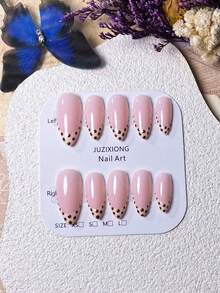 10片手工制作杏仁形裸色、米色、焦糖棕色波点极简时尚假指甲美甲用品手工按压式指甲 - 彩色 - 查看 3