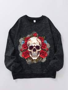 Tween Girls Rose Skull Pattern Round Neck Long Sleeve Sweatshirt, Casual Pullover, Suitable For Daily Wear - Black - View 2