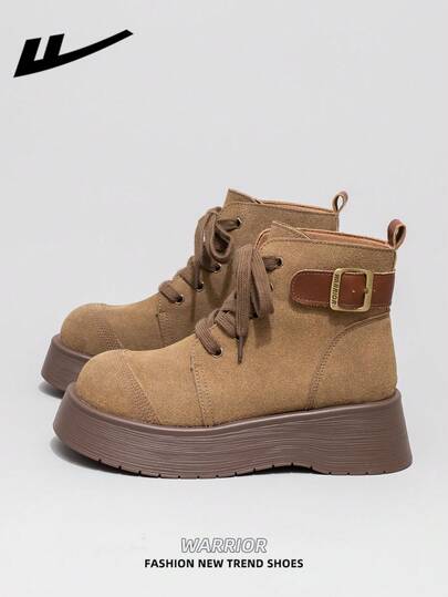  WARRIOR 1 Pair Women's Thick Sole Boots, 2025 Autumn New Arrival, Thick Sole Fashionable Short Boots, Outdoor Wear, Retro British Style Khaki Short Boots