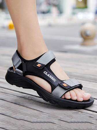 Men's Outdoor Sports Sandals - Summer Fashion Comfortable Breathable Hook And Loop Slippers - Anti-Slip Dual-Color Letter Pattern EVA Sole, Plus Size Lightweight - Suitable For Beach, Water, Driving, Hiking, Black Casual Shoes