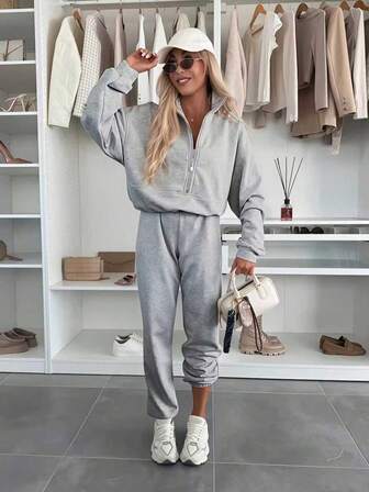 Casual Women's Two Pieces Outfit With Zipper Collar Top And Jogger Pants Medium Stretch Fabric Elegant Style